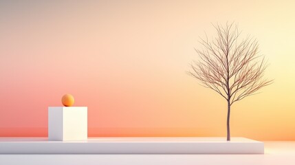 Wall Mural - abstract composition featuring a simple tree silhouette paired with a geometric podium, gradient hue