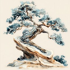 Wall Mural - Watercolor Painting of a Bonsai Tree on a Rock, a Symbol of Tranquility and Resilience.