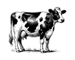 Wall Mural - dairy cow engraving black and white outline