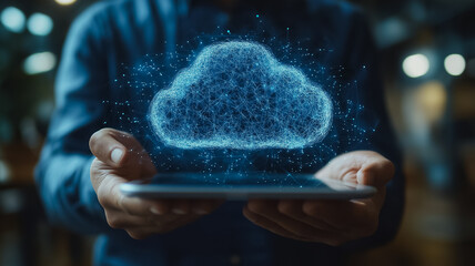 Wall Mural - a man is holding a tablet with a cloud on it. concept of technology and innovation, as the cloud rep
