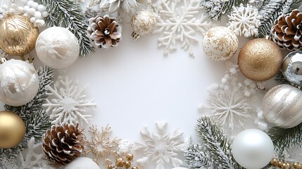 Wall Mural - White background with white, gold, and silver Christmas decorations, with white space in the center of the frame. White snowflakes, pine cones, balls, 