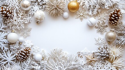 Wall Mural - White background with white, gold, and silver Christmas decorations, with white space in the center of the frame. White snowflakes, pine cones, balls, 