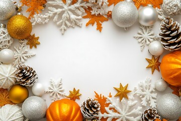 Wall Mural - White background with white, gold, and silver Christmas decorations, with white space in the center of the frame. White snowflakes, pine cones, balls, 