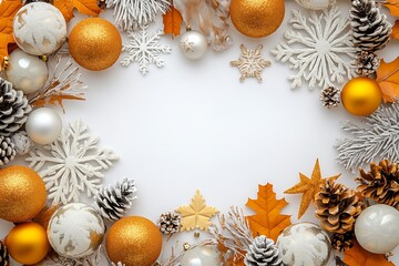Wall Mural - White background with white, gold, and silver Christmas decorations, with white space in the center of the frame. White snowflakes, pine cones, balls, 