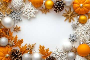 Wall Mural - White background with white, gold, and silver Christmas decorations, with white space in the center of the frame. White snowflakes, pine cones, balls, 
