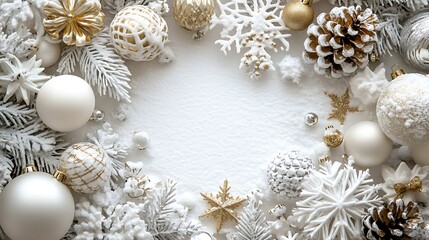 Wall Mural - White background with white, gold, and silver Christmas decorations, with white space in the center of the frame. White snowflakes, pine cones, balls, 