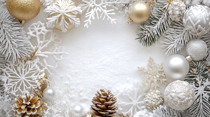 Wall Mural - White background with white, gold, and silver Christmas decorations, with white space in the center of the frame. White snowflakes, pine cones, balls, 