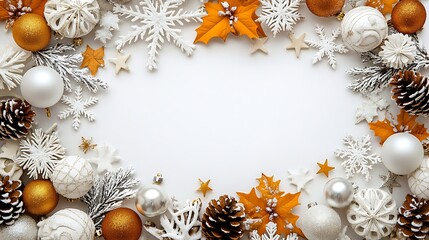 Wall Mural - White background with white, gold, and silver Christmas decorations, with white space in the center of the frame. White snowflakes, pine cones, balls, 