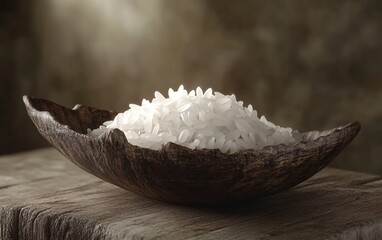 Sticker - A wooden bowl filled with uncooked white rice, showcasing simplicity and natural materials.