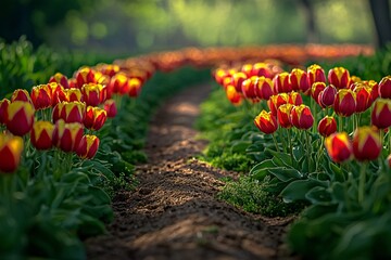 Wall Mural - A vibrant field of red and yellow tulips lining a path, illuminated by soft sunlight.