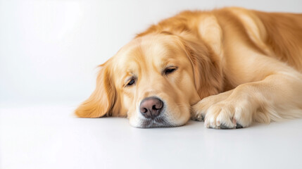 Wall Mural - Golden Retriever dog sitting on the floor, isolated on white background