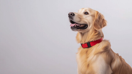 Wall Mural - Golden Retriever dog sitting on the floor, isolated on white background 