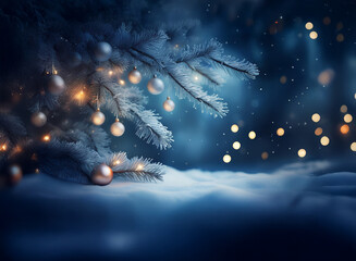 Poster - Enchanted winter scene.  A snow-covered ground with a frosted evergreen branch adorned with shimmering ornaments and warm fairy lights creates a magical Christmas ambiance.