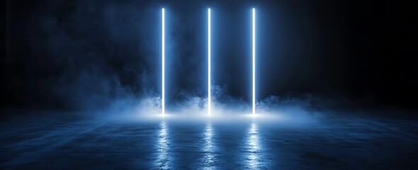 Aufkleber - A dark scene featuring three glowing blue vertical light beams illuminating a misty surface, creating a futuristic atmosphere.