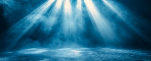 Poster - A serene underwater scene illuminated by beams of light piercing through blue mist, creating a tranquil and magical atmosphere.