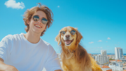 Wall Mural - Happy young couple enjoying with dog on balcony