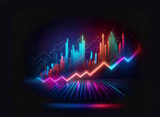 Leinwandbilder - Vibrant 3D graph showcases dynamic growth and decline trends. Neon colors illuminate the upward and downward movements, symbolizing market fluctuations.