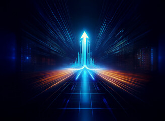 Aufkleber - A glowing blue arrow ascends a digital highway, symbolizing rapid technological advancement and future progress.  The vibrant streaks represent speed and innovation.