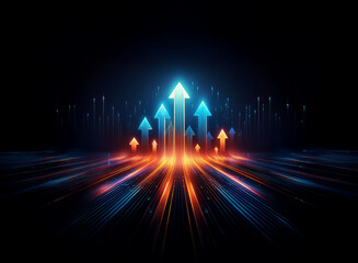 Aufkleber - Glowing arrows ascend a vibrant, dynamic digital highway, symbolizing growth, progress, and technological advancement.  The dark background emphasizes the bright, futuristic energy.