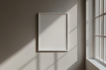 Poster - A minimalist room features a blank frame on a wall, illuminated by soft sunlight casting shadows from a nearby window.