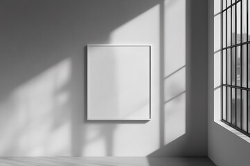 Aufkleber - A minimalistic interior featuring a blank frame on a wall, illuminated by soft sunlight casting shadows through a nearby window.