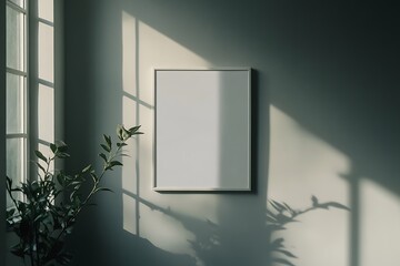 Aufkleber - A serene interior scene featuring a blank canvas on a wall, illuminated by soft sunlight and casting gentle shadows from nearby greenery.