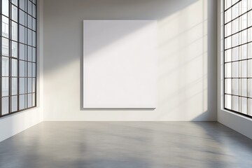 Poster - A minimalist art gallery featuring a large blank canvas, illuminated by natural light from large windows, showcasing a modern aesthetic.