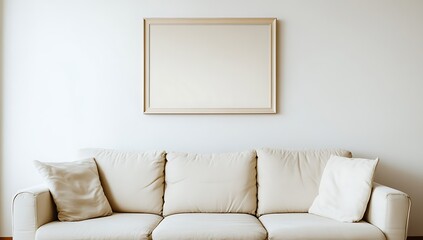 Poster - A minimalist living room featuring a light-colored sofa with cushions and a blank frame on the wall, emphasizing simplicity and modern design.