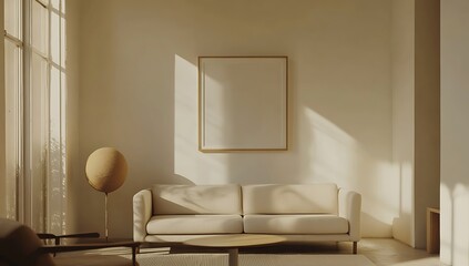Aufkleber - A minimalist living room with soft lighting, featuring a beige sofa, round decor, and a blank wall canvas, exuding calm and simplicity.