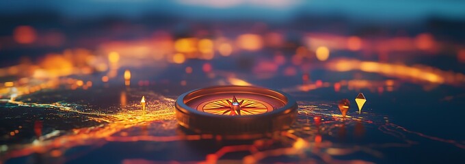 Aufkleber - A vibrant, illuminated cityscape with a central circular structure, highlighting urban design and technology.