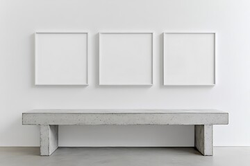 Aufkleber - A minimalist scene featuring a concrete bench under three empty white frames on a plain wall, emphasizing simplicity and modern design.