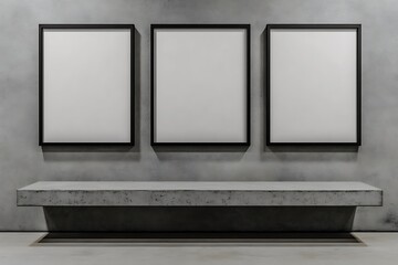 Aufkleber - A minimalist space featuring three empty picture frames on a concrete wall above a sleek, modern bench.