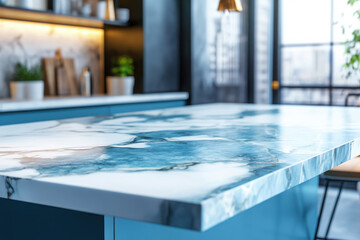 Canvas Print - A modern kitchen countertop featuring a stylish blue and white marble design.