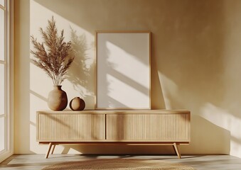 Poster - A stylish interior scene featuring a wooden sideboard, decorative vases, and a blank frame, illuminated by soft light and shadows.