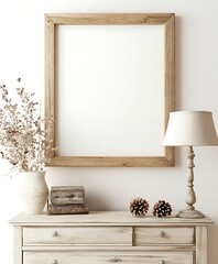 Poster - A minimalist interior scene featuring a blank wooden frame, a decorative vase, a lamp, and pinecones on a rustic dresser.