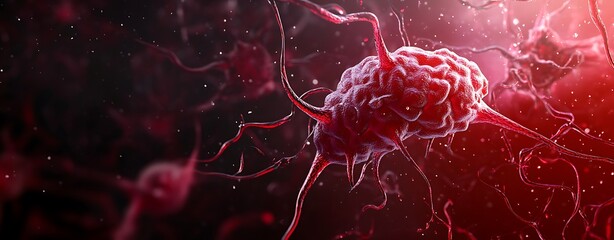 Poster - A close-up, artistic representation of a cell surrounded by vibrant red and dark backgrounds, emphasizing scientific and biological themes.