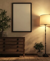 Poster - A cozy interior scene featuring a wooden dresser, a blank picture frame, a decorative plant, and a stylish lamp, creating a warm atmosphere.