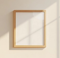 Fototapete - A simple wooden frame stands against a light wall, capturing shadows and offering a blank canvas for creativity or artwork.