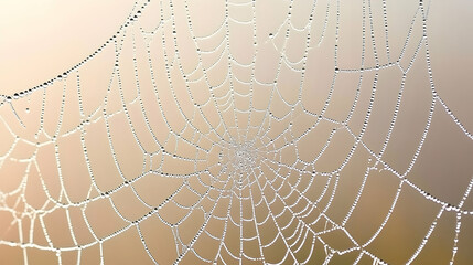 Close-up of a spiderweb covered in morning dew, intricate details visible against a soft, blurred background.