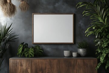 Poster - A minimalist interior scene featuring a wooden cabinet, decorative plants, and an empty frame against a dark, textured wall.