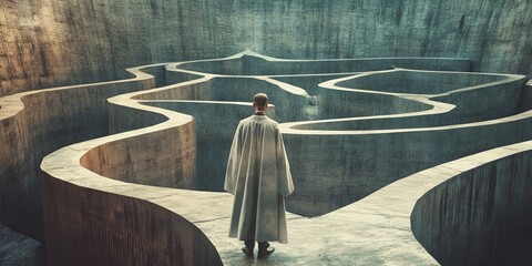 Wall Mural - A man stands in a tunnel with a long coat on. The tunnel is dark and narrow, and the man is lost