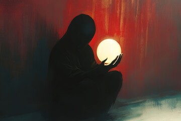 Canvas Print - a person is holding a large white ball. the ball is in the person's hand. the person is sitting on t