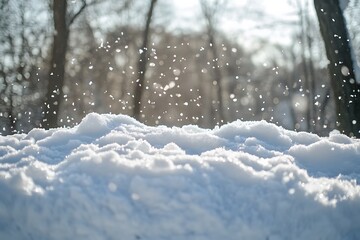 Poster - A serene winter scene featuring a snow-covered landscape with softly falling snowflakes illuminated by sunlight filtering through trees.