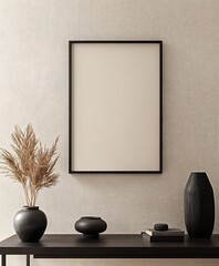 Poster - A minimalist interior scene featuring a blank frame, decorative vases, and dried plants against a textured wall.