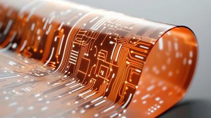 Poster - Abstract close-up of glowing orange circuit board patterns on transparent material, showcasing intricate technology design and digital connections in modern innovation