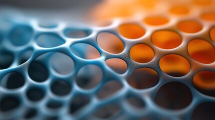 Fototapete - Abstract close-up of interconnected blue and orange bubbles forming a vibrant network illusion, showcasing intricate design and depth in a digital art style.