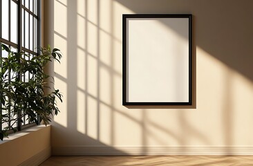 Poster - A minimalist room featuring a blank frame on a wall, sunlight casting shadows, and a plant adding a touch of greenery.