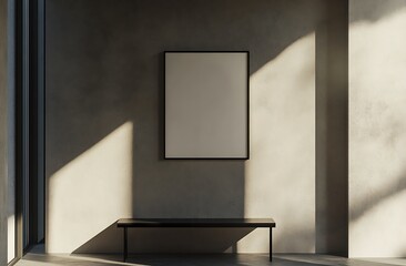 Aufkleber - A minimalist interior featuring a blank frame on a concrete wall and a sleek bench, highlighted by soft natural light and shadows.