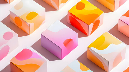 Wall Mural - colorful abstract boxes arranged in a repeating pattern on a pink background, illuminated by sunligh