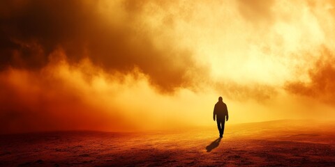 Canvas Print - a lone figure in silhouette walking toward a distant goal with purpose.